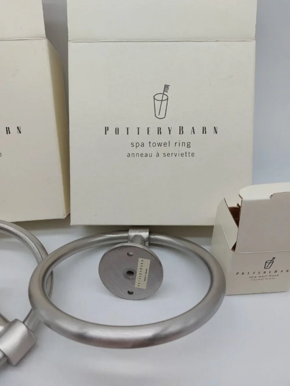 Pottery Barn Chrome Bath Round Towel ring Holder Set Of 2 And 1 Wall Hook READ